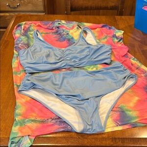 Blue Bikini Set with Colorful Cover-Up
